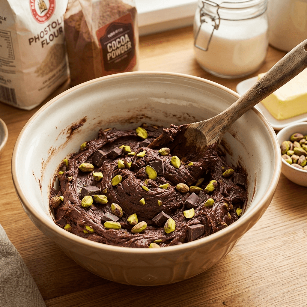 Mixing chocolate pistachio cookie dough