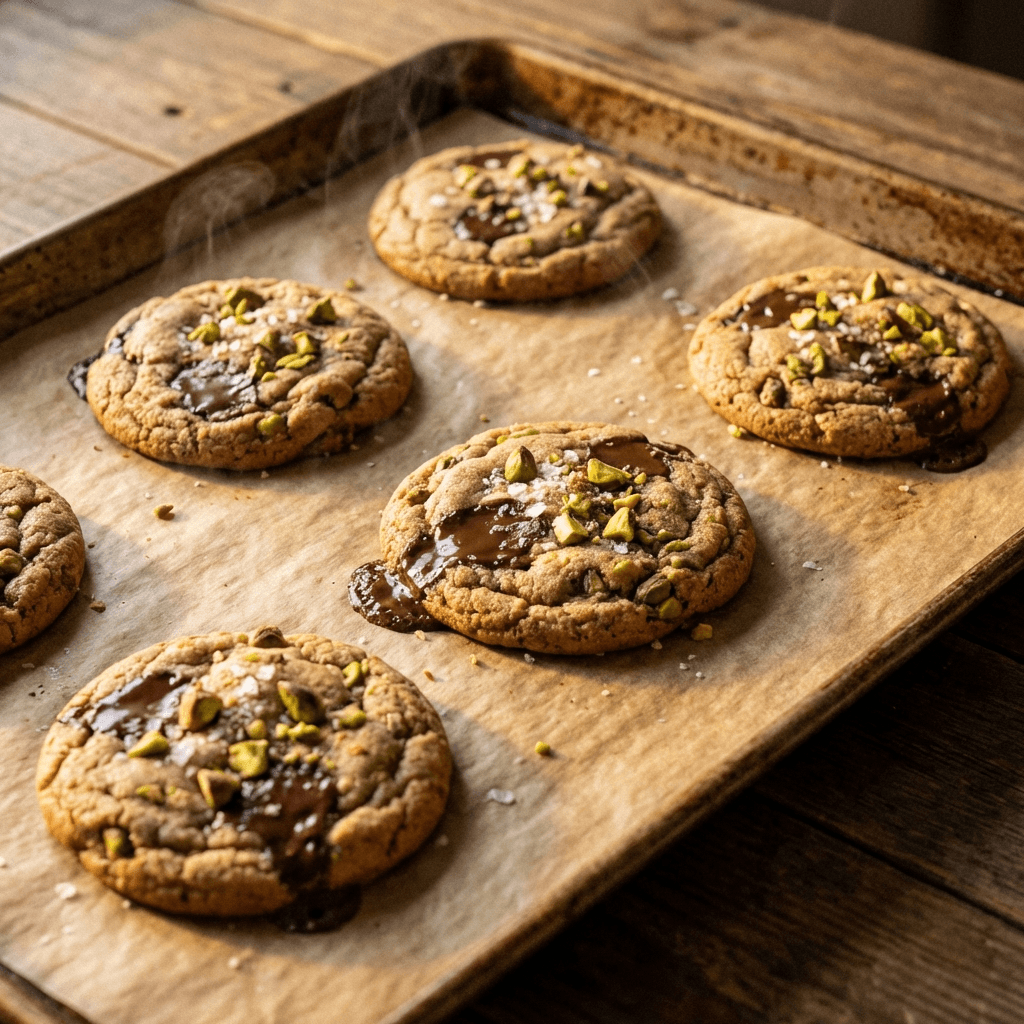 Baked pistachio cookies on tray