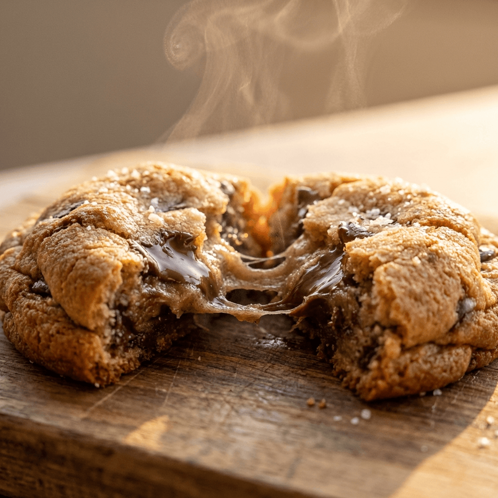 Perfect Crumbl cookie broken in half showing gooey center