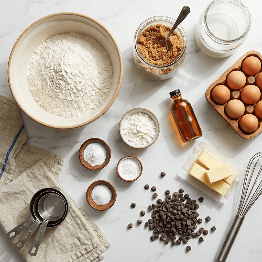 Cookie baking ingredients laid out on marble counter