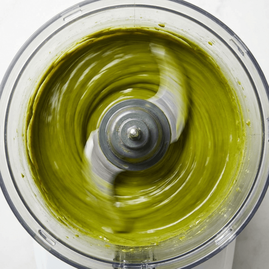 Creamy pistachio butter in processor