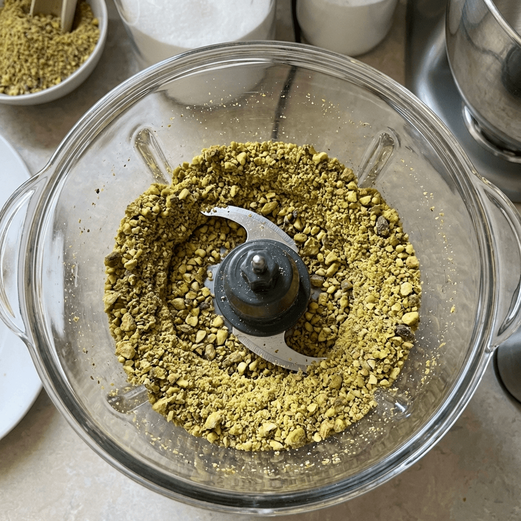 Ground pistachios in food processor