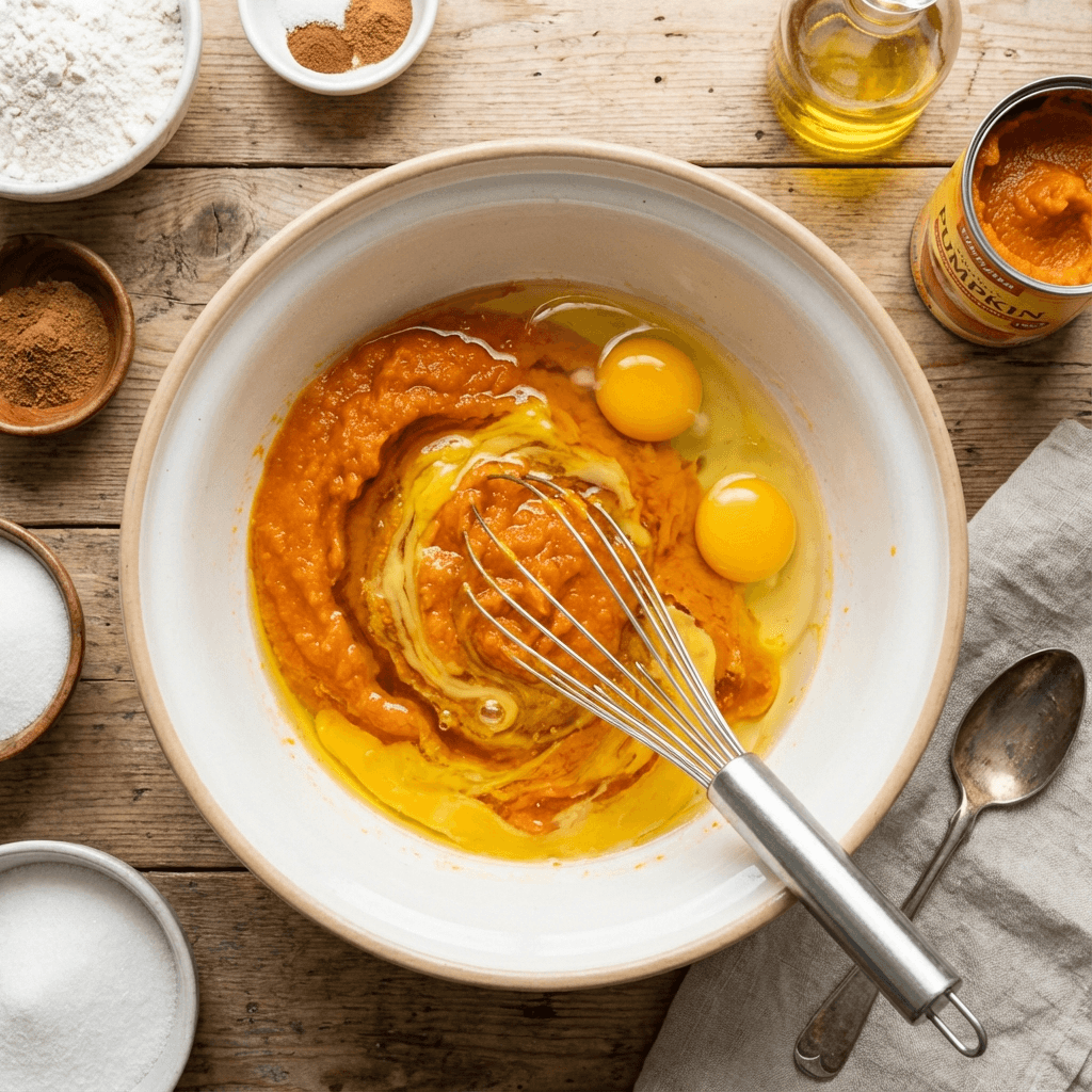 Mixing pumpkin puree with eggs and oil
